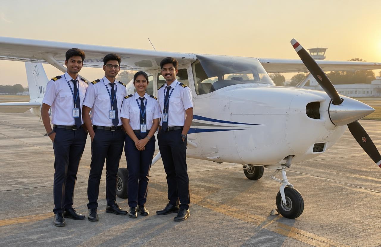 Students beside a trainer aircraft